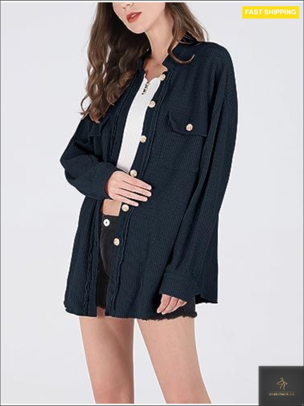 Waffle Knit Button Down Shacket Oversized Batwing Sleeve Loose Fit Blouse Top - Picture 3 of 6
